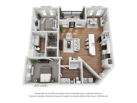 Floor plan for 2 beds, 2 baths, 1240 sqft
